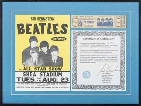 1966 The Beatles Original Ticket & Flyer From Shea Stadium Concert On 8/23/66 With Sid Bernstein COA in 12 x 16 Framed Display